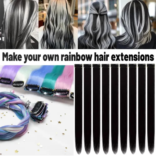 Vista 2 de Extensiones de cabello sintético de 22 pulgadas, extensiones de cabello sintético largo y lacio con clip, extensiones de cabello sintético para Negro