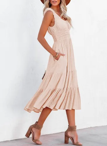 Vista 2 de AlvaQ Vestido de verano para mujer, sin mangas, fruncido, de cintura alta, casual, escalonado, acampanado, con bolsillos