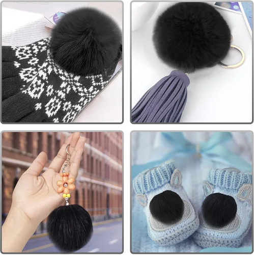Vista 7 de SIQUK 24 Piezas de Bolas de Pompón de Pelo Sintético Negro con Lazo Elástico, Pompones Esponjosos de Pelo de Zorro Sintético para Gorros, Bonés