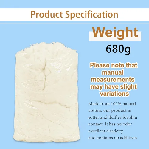 Vista 2 de Relleno de algodón natural de 1.5 libras, fibra de bateo cruda, algodón peinado para almohada, sofá, muñecas, relleno de algodón blanco