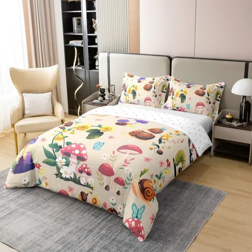 Vista 3 de jejeloiu Cute Mushroom Decor Duvet Cover 100% Cotton for Kids Boys Girls Twin Size Botanical Plants Bedding Set Cartoon Mushrooms Comforter Cover