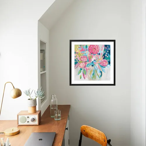 Vista 3 de ART.COM Farida Zaman - Lienzo enmarcado para pared, diseño floral rosa de verano, decoración botánica, 16 x 16 pulgadas, marco negro con paspartú