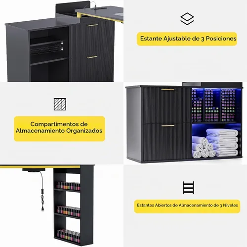 Vista 4 de Mesa de manicura con luz LED, mesa de uñas en forma de L con colector de polvo y tomas de corriente, estación de uñas de esquina de longitud