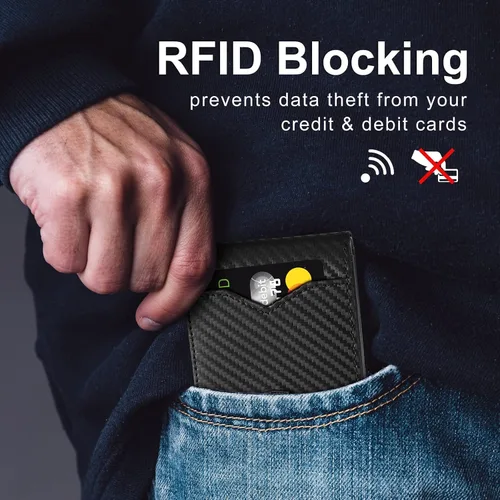 Vista 4 de GSOIAX Billetera delgada para hombre minimalista de cuero genuino fibra de carbono con bloqueo RFID de cuero vacuno plegable con caja de regalo