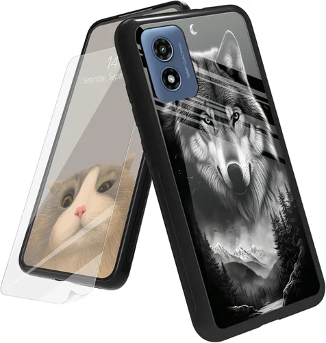 Vista 130 de Funda para Motorola Moto G Play 4G 2024 con protector de pantalla, parte trasera de vidrio templado + funda de silicona suave TPU absorción
