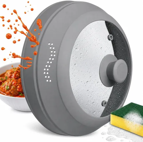 Vista 2 de Cubierta antisalpicaduras para microondas para alimentos - Cubierta de plato de vidrio de silicona, ventilada con perilla de agarre de silicona