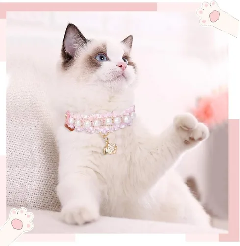 Vista 6 de Collar Premium de Cuero PU para Gato y Perro con Colgante de Concha - Ajustable, Perla Linda, Encaje Hermoso, Rosa Pequeña