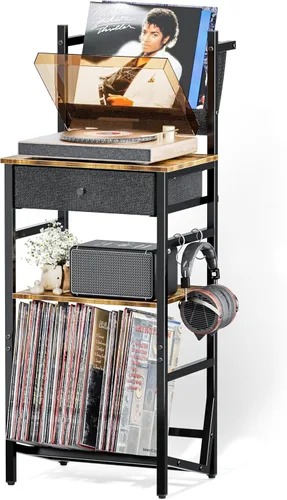 Vista 9 de HYPIGO Soporte para tocadiscos con tomas de corriente, soporte para tocadiscos con almacenamiento de discos de vinilo con capacidad para más de 300