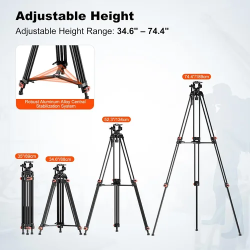 Vista 4 de COMAN Trípode de video de 74.4 pulgadas, trípode de cámara resistente con cabezal fluido y aleación de aluminio, carga máxima de 17.6 lbs/8 kg