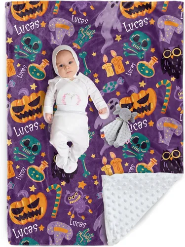 Vista 16 de Manta de Halloween personalizada, diseños de dibujos animados con nombre personalizable, manta de franela de felpa suave con respaldo punteado