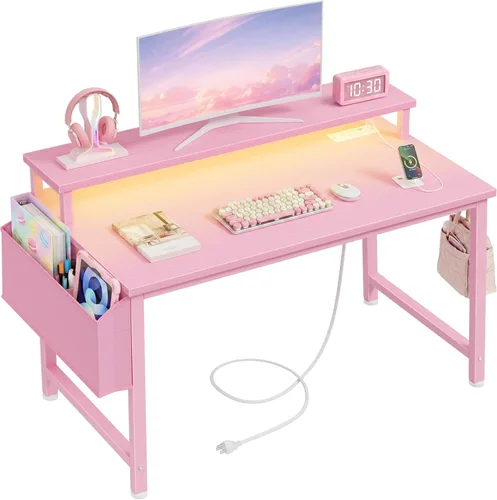 Vista 15 de Lufeiya Escritorio pequeño con tomas de corriente y luces LED, mesa de estudio de escritura para adolescentes de 32 pulgadas, escritorio para Negro