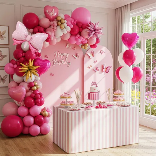 Vista 2 de Kit de arco de guirnalda de globos rosa y dorado, 140 piezas de globos de papel de aluminio de estrella con arco para temática de ratón de dibujos