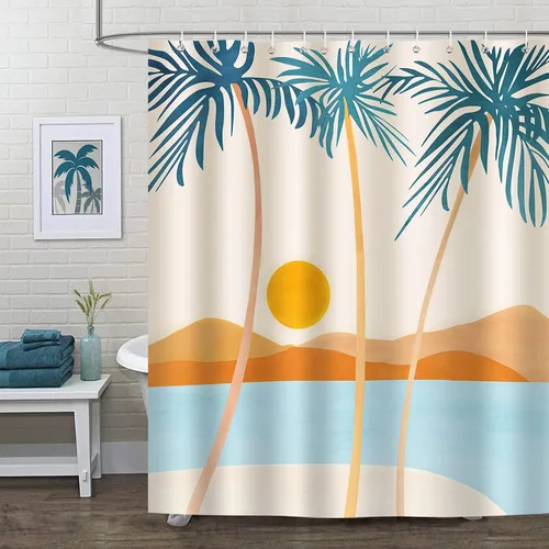 Vista 2 de Bonhause Cortina de ducha tropical de playa, cortina de baño bohemia de palmeras hawaianas de mediados de siglo, 72 x 72 pulgadas, tela de poliéster