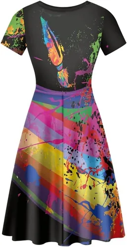Vista 2 de NAYINLAN Vestido colorido arcoíris para mujer, vestidos midi casuales de manga corta