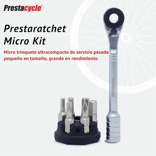 Vista 2 de Prestacycle Prestaratchet - Kit de trinquete de bolsillo micro con (6) puntas S2 y soporte redondo - Herramienta de trinquete hexagonal compacta