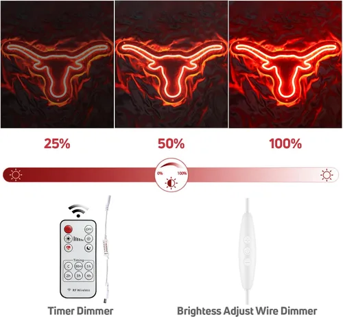 Vista 4 de Texas Bull - Letrero de neón para pared, atenuador remoto rojo del oeste de Texas Bull Skull LED de neón, lámpara de vaca toro alimentada por USB