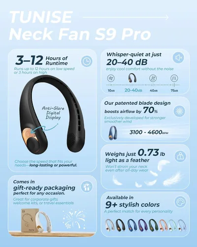 Vista 2 de TUNISE Ventilador de cuello, ventilador personal con pantalla LED, recargable USB-C, batería de 4000 mAh, ajuste de 3 velocidades y funcionamiento