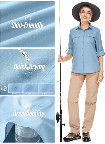 Vista 5 de Camisas de protección solar de manga larga UPF 50 para mujer, safari, pesca, senderismo
