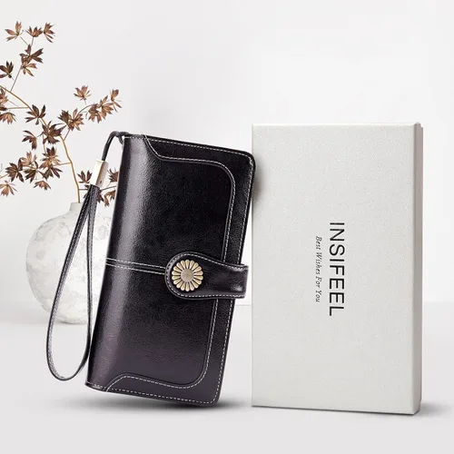 Vista 7 de INSIFEEL Billetera pequeña para mujer, bolso compacto de cuero con bloqueo RFID RFID para mujer, Negro, Retro