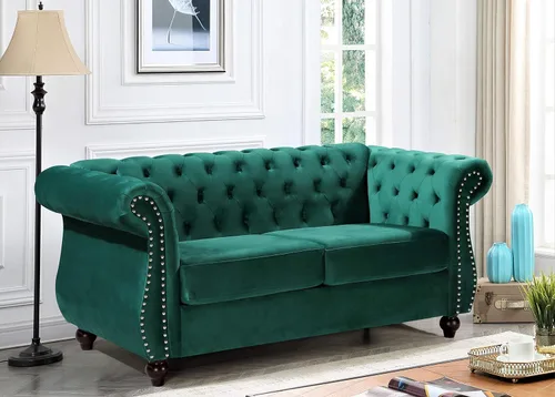 Vista 2 de Container Furniture Direct Feinstein - Sofá de terciopelo moderno Chesterfield para sala de estar con cabezas de clavos, acolchado de diamante