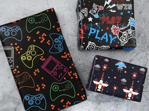 Vista 6 de Geluode Papel de regalo de cumpleaños para niños y niñas, amantes de los videojuegos, papel de regalo de videojuegos de 4 estilos, 8 hojas plegadas