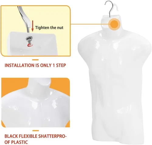Vista 5 de Maniquí de costura de polipropileno (PP), maniquí de torso masculino, 4 piezas, maniquí de 30 pulgadas de altura, forma de ropa con gancho de metal