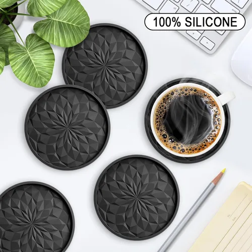 Vista 2 de ME.FAN Posavasos de silicona con soporte, para beber, para bebidas calientes o frías, gruesos, antideslizantes, antiadherentes y estilo bandeja Negro