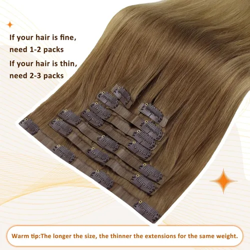 Vista 7 de Full Shine Extensiones de cabello humano con clip de 12 pulgadas, extensiones de cabello con clip de castaño claro a rubio, extensiones de cabello