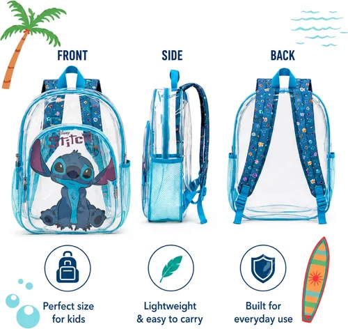 Vista 2 de Fast Forward Lilo & Stitch Kids Clear School Backpack, 16 Inch Lilo & Stitch Azul