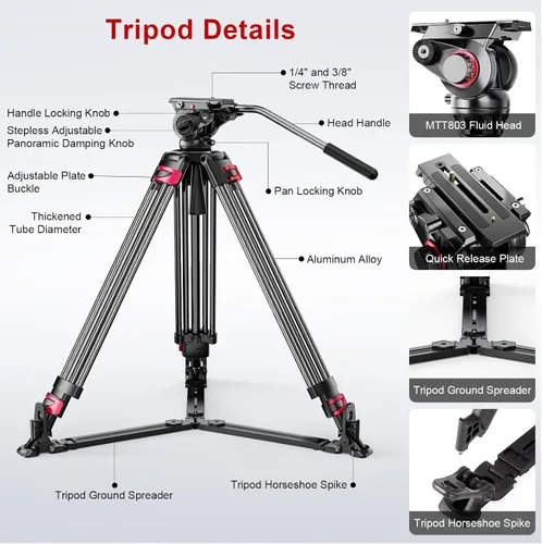 Vista 2 de miliboo MTT609A - Trípodes profesionales resistentes con cabezal de amortiguación ajustable Carga 33 libras, altura 18.5-65.8 pulgadas, cuenco