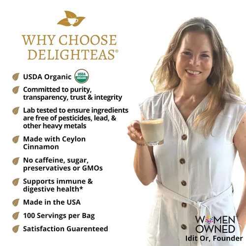 Vista 3 de DelighTeas Masala Chai orgánico en polvo con taza de té inspiradora Especias ayurvédicas para té chai latte, batido, cocina Sin azúcar, vegano