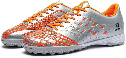 Vista 4 de LEOCI Zapatos de fútbol Suela de césped para hombres y mujeres y niños zapatos de goma en relieve duraderos para exteriores Plateadoanaranjado