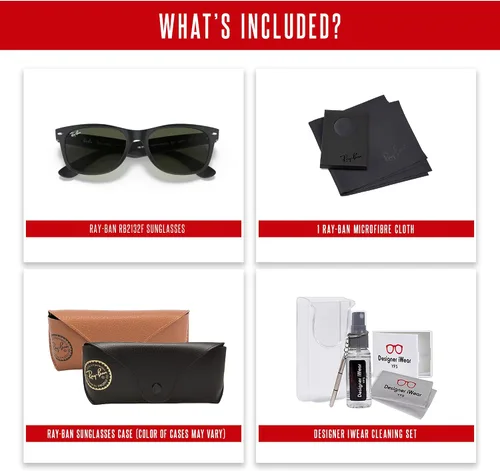 Vista 2 de Ray-Ban New Wayfarer RB2132F - Lentes de sol cuadrados de puente bajo para hombres y mujeres + paquete con kit DIW