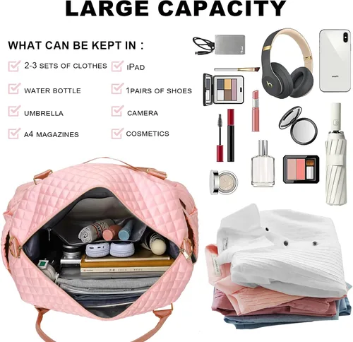 Vista 7 de Leathario Bolsa de viaje para mujeres y hombres, bolsa de lona deportiva, bolsa grande de gimnasio con compartimento para zapatos y bolsillo