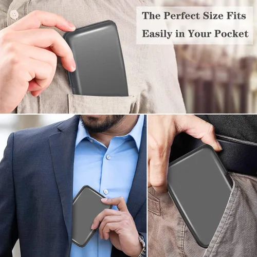 Vista 5 de Coco Rossi Portatarjetas de crédito con bloqueo RFID, mini tarjetero delgado de aluminio duro para hombres o mujeres, Gris (Space Grey)