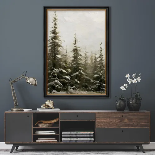 Vista 3 de MUDECOR Lienzo enmarcado prémium para pared, pinos nevados en bosque de invierno, ilustraciones modernas, arte contemporáneo, escénico, divertido