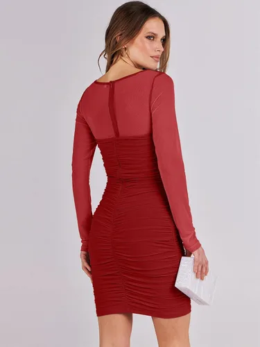 Vista 5 de ANRABESS Vestido corto de malla con cuello cuadrado y manga larga para mujer, sexy, fruncido, entallado, para fiesta, club, cóctel, vestido corto
