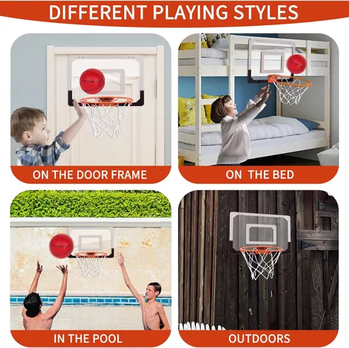 Vista 6 de NI-ROU Mini aro de baloncesto para interiores para niños, mini aro de baloncesto con marcador electrónico y 2 bolas, aro de baloncesto sobre
