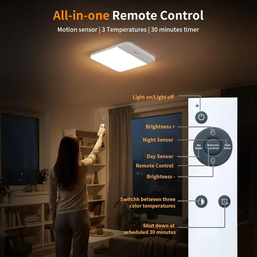 Vista 4 de NARUNDREN Lámpara de techo recargable con sensor de movimiento con control remoto, luces de techo inalámbricas que funcionan con baterías, luz