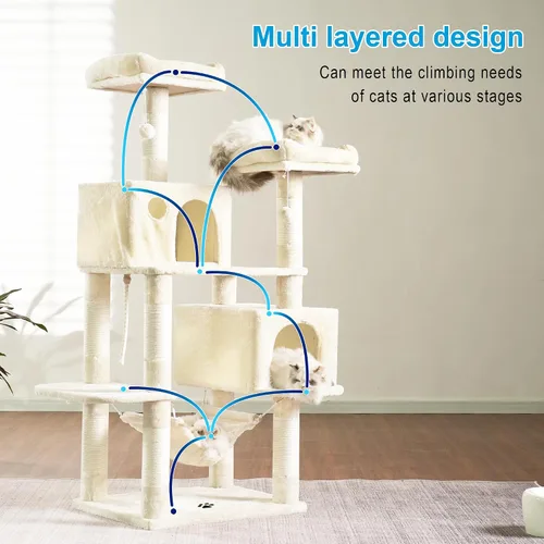 Vista 7 de Hey-brother - Mueble grande de casita de gato multinivel con postes rascadores cubiertos de sisal, 2 condominios de felpa más grandes, hamaca Beige