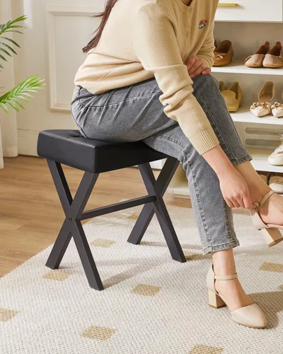 Vista 8 de IBUYKE Taburete de tocador de PU en forma de U, silla cuadrada de maquillaje con patas en X, taburete reposapiés otomano, multiusos como mesa Negro