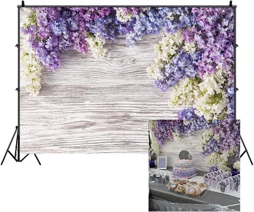 Vista 8 de Telón de fondo de madera para bebé recién nacido de 5 x 3 pies, flores moradas lilas, ramo de flores, pared de madera, para niñas y adultos, retrato
