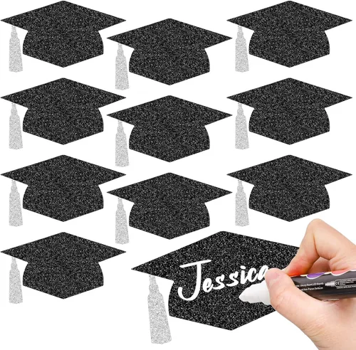 Vista 8 de Whaline 50 piezas de tapas de graduación con purpurina negra para sombreros de graduación de 5.7 pulgadas, decoración de mesa de confeti con 100