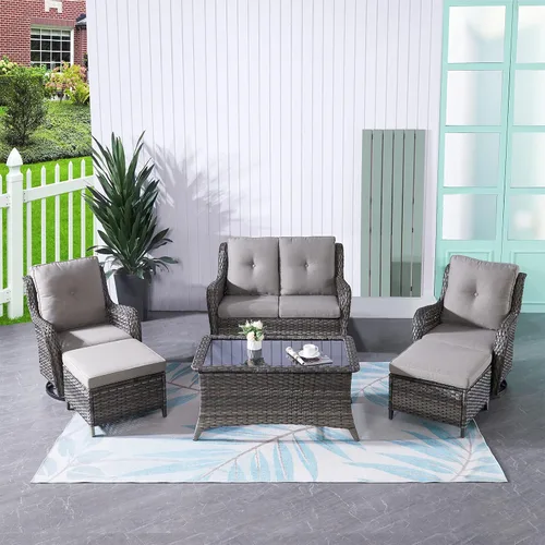 Vista 26 de HUMMUH Juego de 2 Sillas Giratorias Mecedoras de Mimbre para Patio Exterior, Juego de Muebles de Sillas Mecedoras de Ratán (Marrón, Azul) 50,000