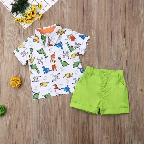 Vista 61 de Conjunto de camisa de manga corta con botones y pantalones cortos casuales con diseño de flamingo, para bebés y niños de 1 a 6 años, atuendos