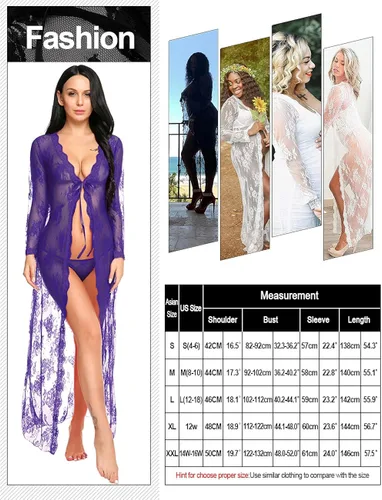 Vista 6 de Lencería para mujer sexy, largo vestido de encaje transparente vestido transparente de bata Kimono