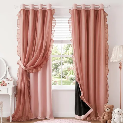 Vista 46 de PONY DANCE 100% Blackout Beige Curtains for Bedroom, Double Layer Room Darkening Drapes with White Ruffle Sheer Overlay, Boho Living Room Decor