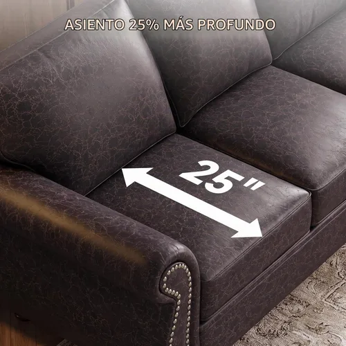 Vista 5 de Juego de sofá con remaches de 88 pulgadas, sofá biplaza moderno con brazo ancho, marco de madera maciza para sala de estar, sofá moderno para Marrón