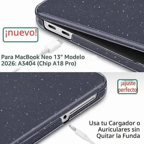 Vista 2 de DONGKE Funda con purpurina para MacBook Neo de 13 pulgadas 2026 (modelo A3404 A18 Pro Chip) Carcasa rígida transparente brillante con protector