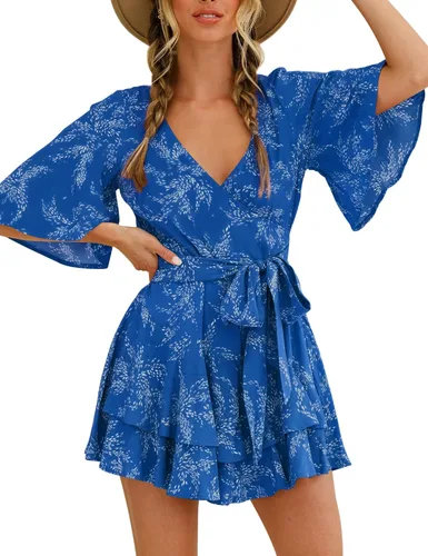 Vista 4 de Relipop - Enterizo de mujer con estampado floral, cuello en V, manga holgada, lazo en la cintura y dobladillo escalonado con volados, corto